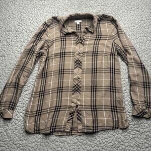 J. Jill Womens Shirt XS Brown Black Plaid Long Sleeve Button Up Rayon